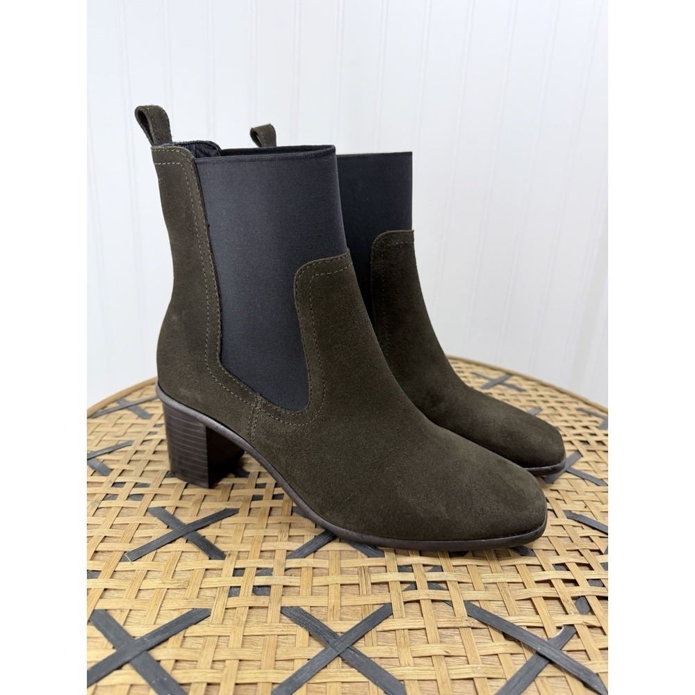 Patina Suede Chelsea Boots Women 9 Olive Green Square Toe Block Heel 13814